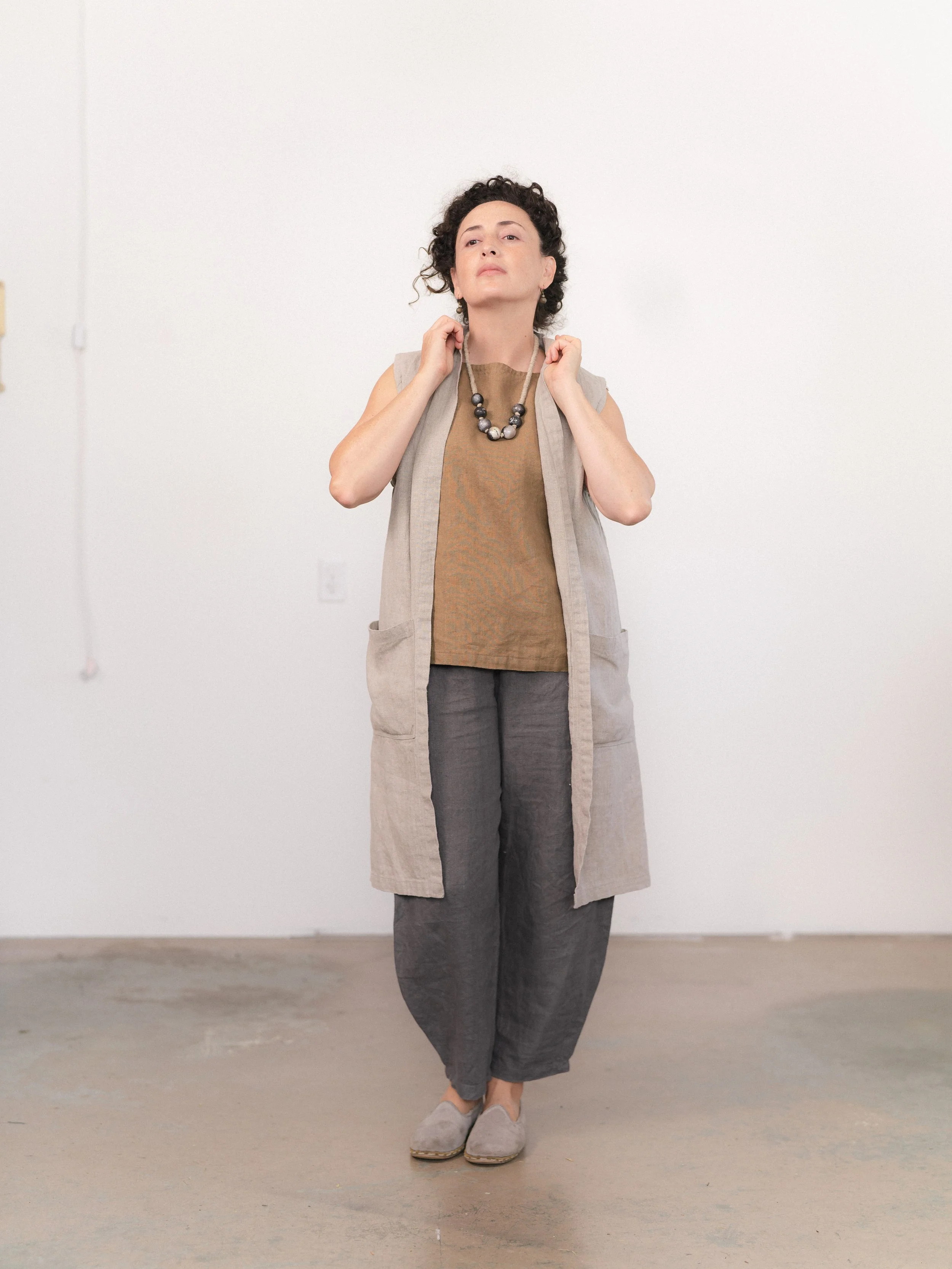 Edith Long Vest with Stand Collar — Moss Grey Atelier